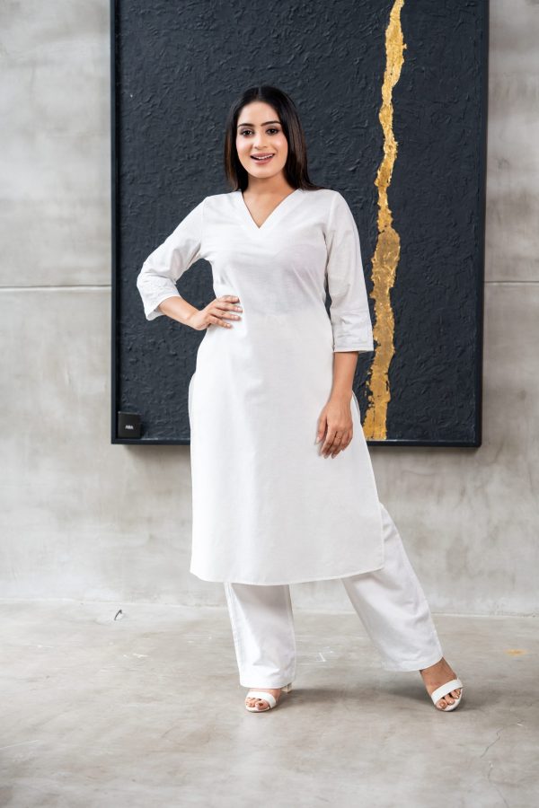 White-On-White Embroidered V-Necked Kurta - Image 4