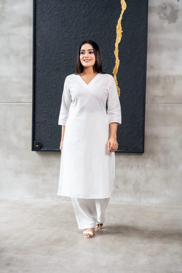White-On-White Embroidered V-Necked Kurta - Image 3