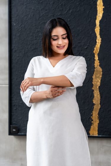 White-On-White Embroidered V-Necked Kurta