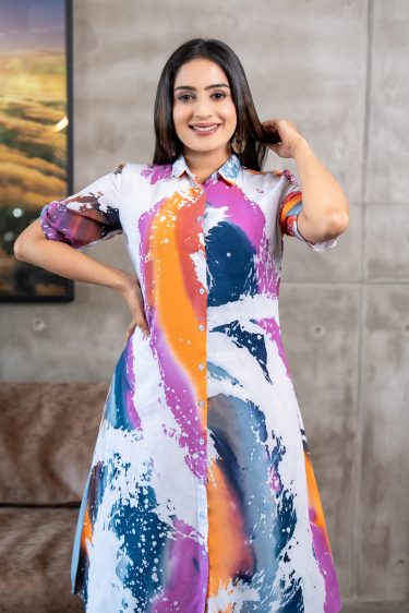 Multicolor Batik Button Up Midi Shirt Dress