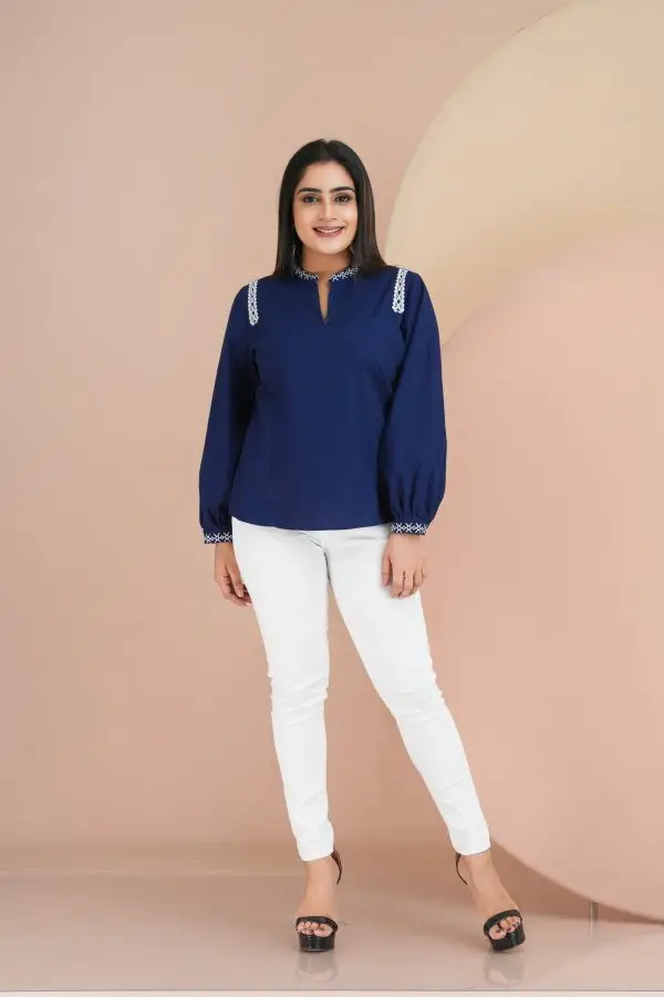 Embroidered Long Sleeved Chinese Collar Top - Image 4