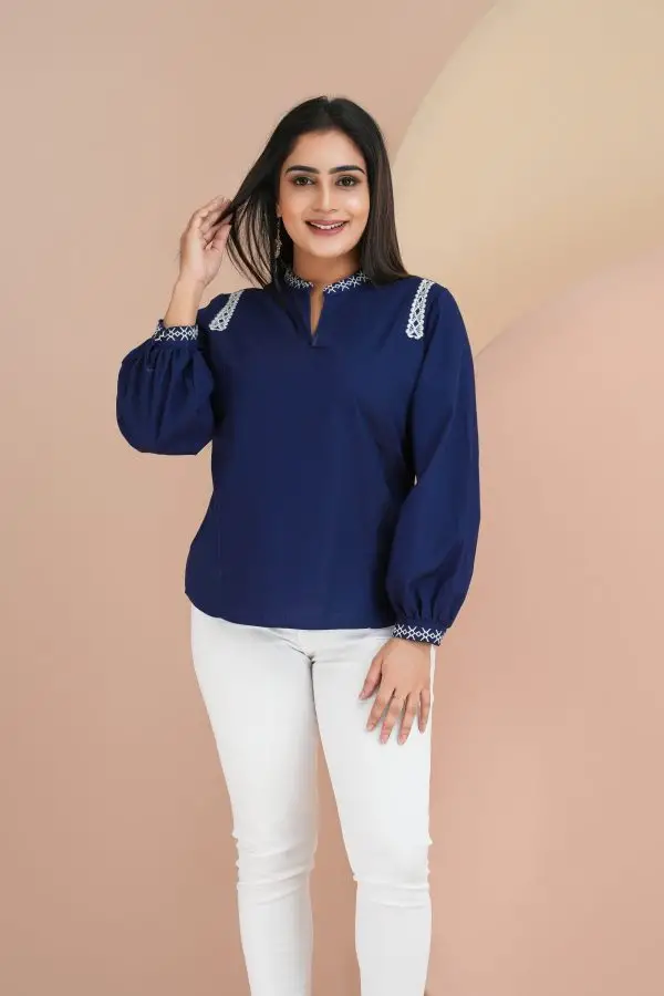 Embroidered Long Sleeved Chinese Collar Top - Image 3