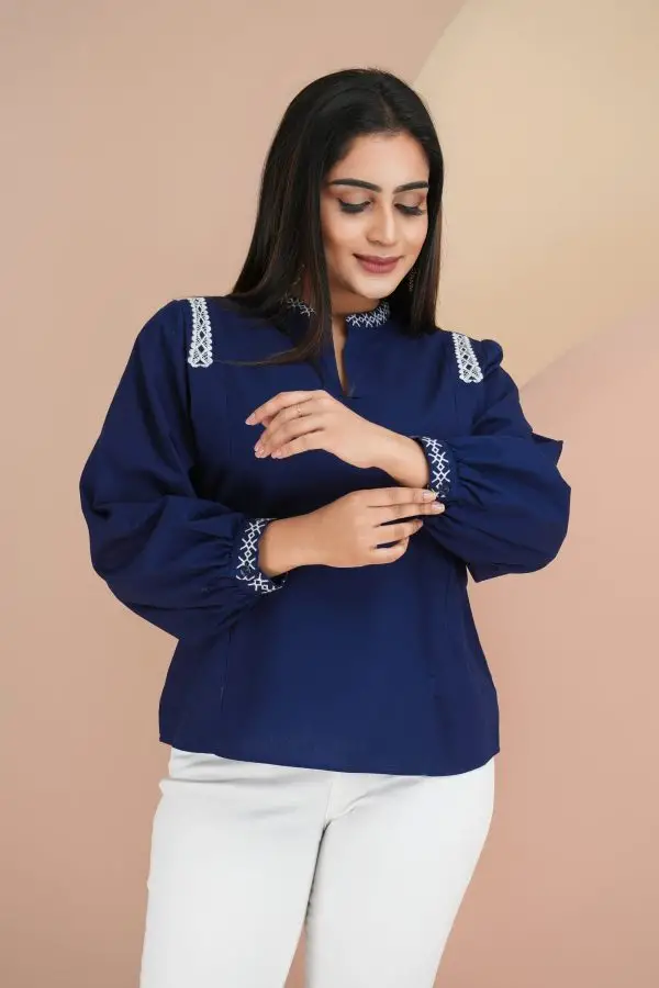 Embroidered Long Sleeved Chinese Collar Top - Image 2