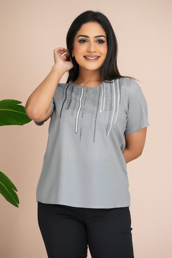 Geometric Embroidered Jewel Necked Top