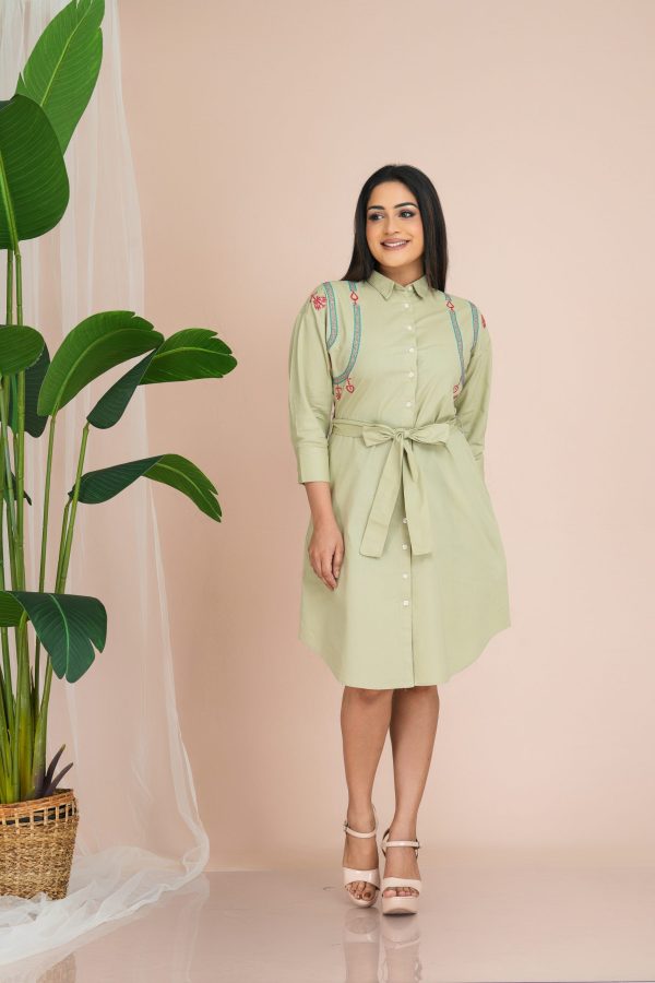 Embroidered Belted Button Up Short Dress - Image 4