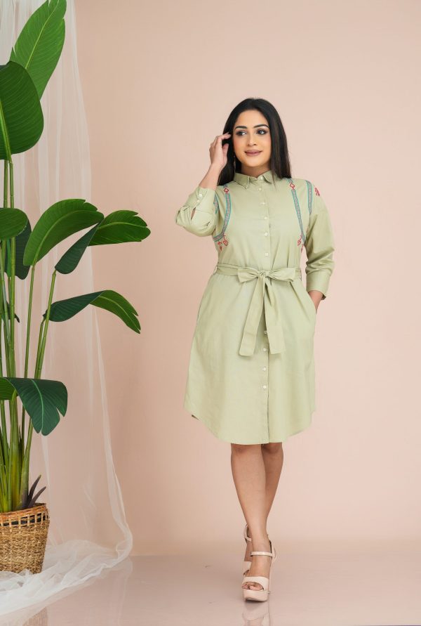 Embroidered Belted Button Up Short Dress - Image 3