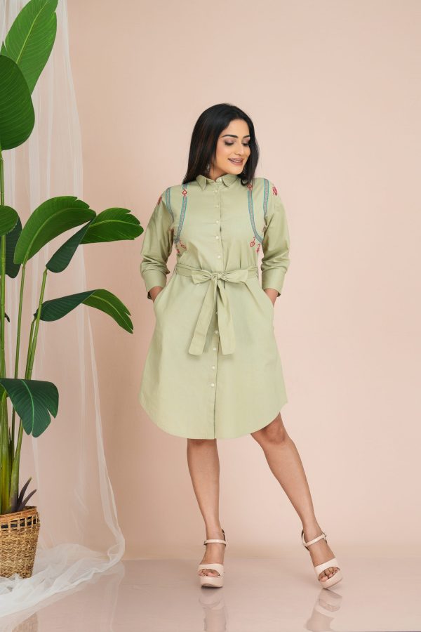 Embroidered Belted Button Up Short Dress - Image 2
