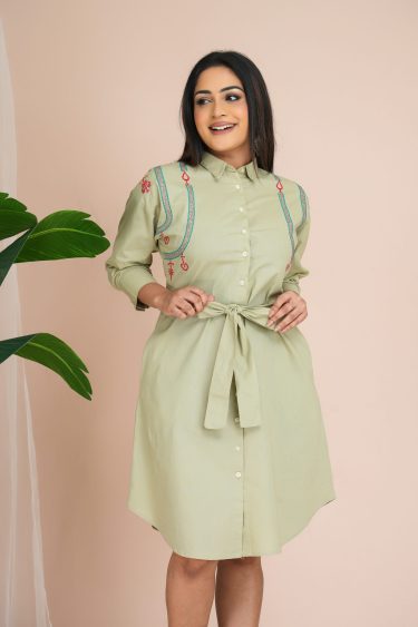 Embroidered Belted Button Up Short Dress
