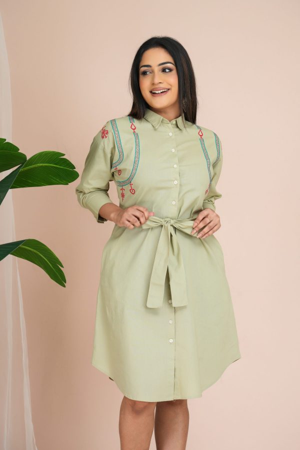 Embroidered Belted Button Up Short Dress