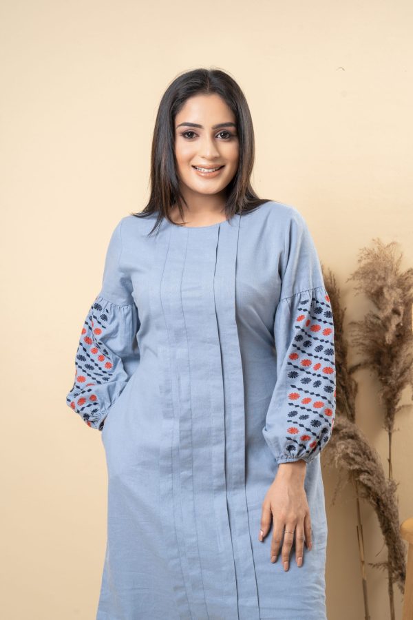 Sleeve Embroidered Pleat Detailed Midi Dress