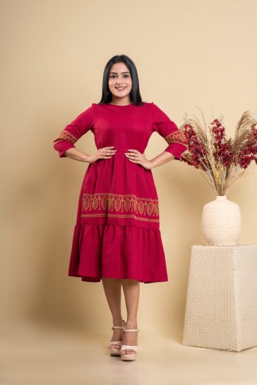 Contrast Colour Embroidered Layered Midi Dress