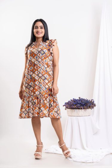 Ikat Patterned Flutter Sleeved Short Dress