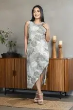 Tropical patterned asymmetric sleeveless midi dress
