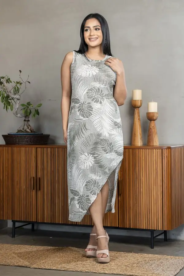 Tropical patterned asymmetric sleeveless midi dress