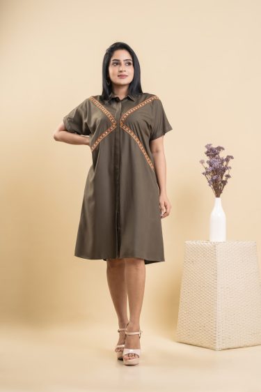Embroidered Button Up Shirt Dress