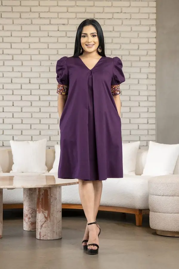 Cuff Embroidered Loose Fitted Short Dress - Image 3