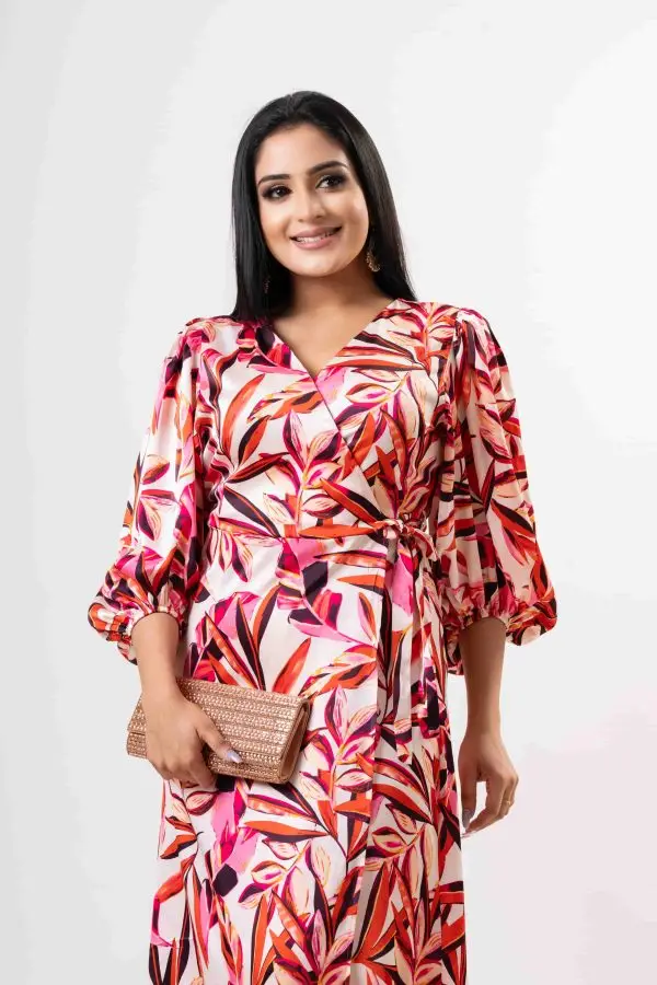 Floral Patterned Wrap-up Eveningwear Maxi Dress - Image 6