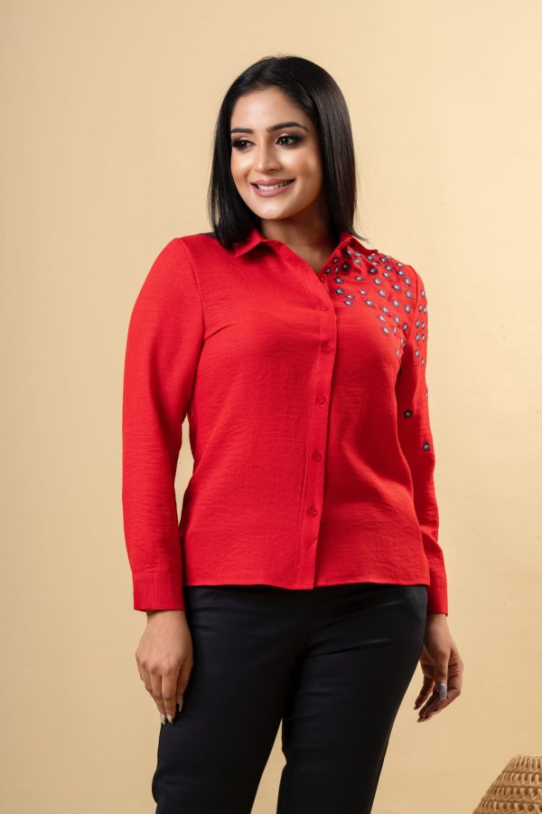 Floral Embroidered Button Up Shirt Blouse