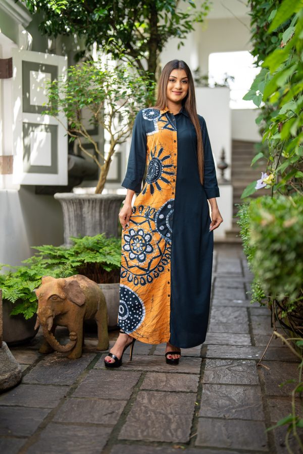 Two-Tone Shirt Collared Buton Up Batik Maxi Dress