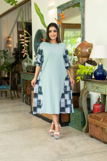 Printed Two-tone Midi Dress