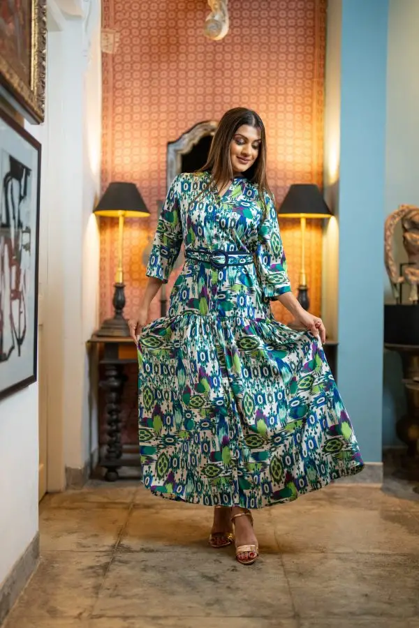 Abstract Patterned Belted Evening Wear Maxi Dress - Image 2