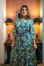 Abstract Patterned Belted Evening Wear Maxi Dress - Image 3