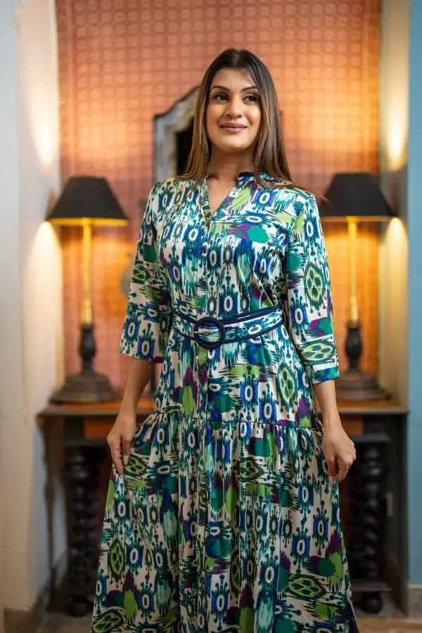 Abstract Patterned Belted Evening Wear Maxi Dress - Image 3