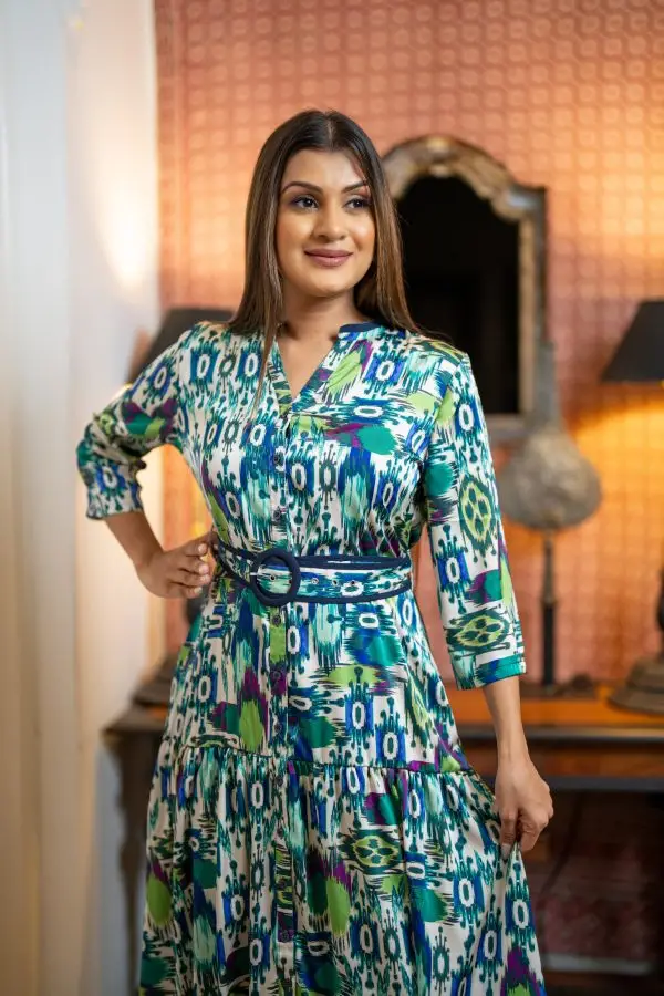 Abstract Patterned Belted Evening Wear Maxi Dress - Image 4