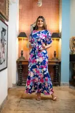 Patterned Frilled Hem Evening Wear Maxi Dress