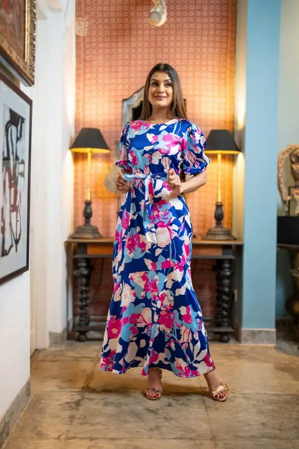 Patterned Frilled Hem Evening Wear Maxi Dress