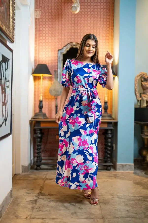 Patterned Frilled Hem Evening Wear Maxi Dress - Image 2