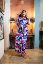 Patterned Frilled Hem Evening Wear Maxi Dress - Image 3