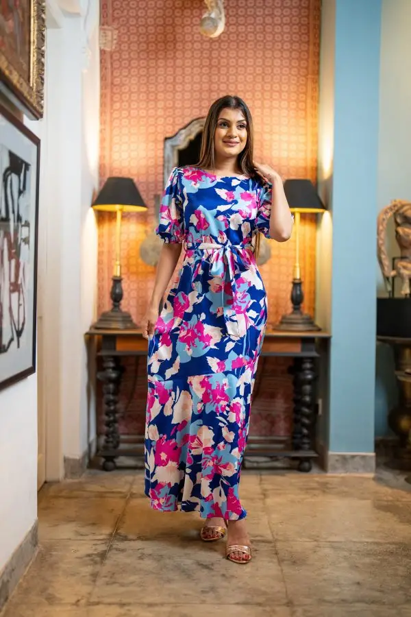 Patterned Frilled Hem Evening Wear Maxi Dress - Image 3