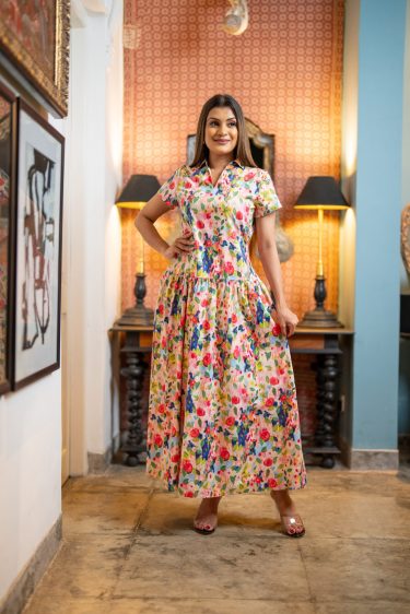 Abstract Patterned Shirt Collared Maxi Dress