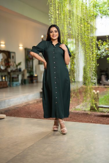 Front Button Up Puff Sleeve Maxi Dress