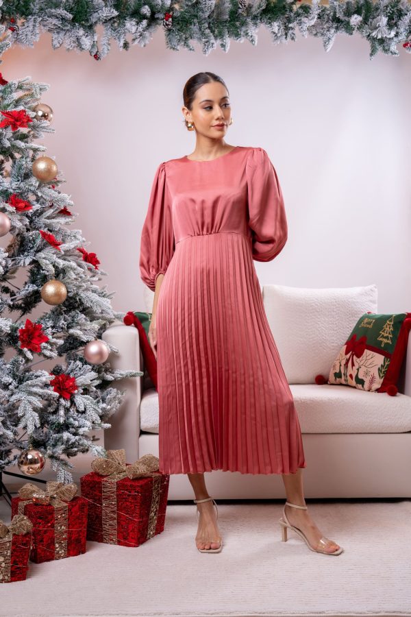 Long Sleeved Pleated Partywear Dress - Image 3