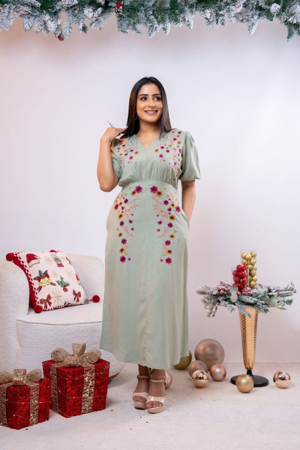 Floral Embroidered Waist Gathered Maxi Dress