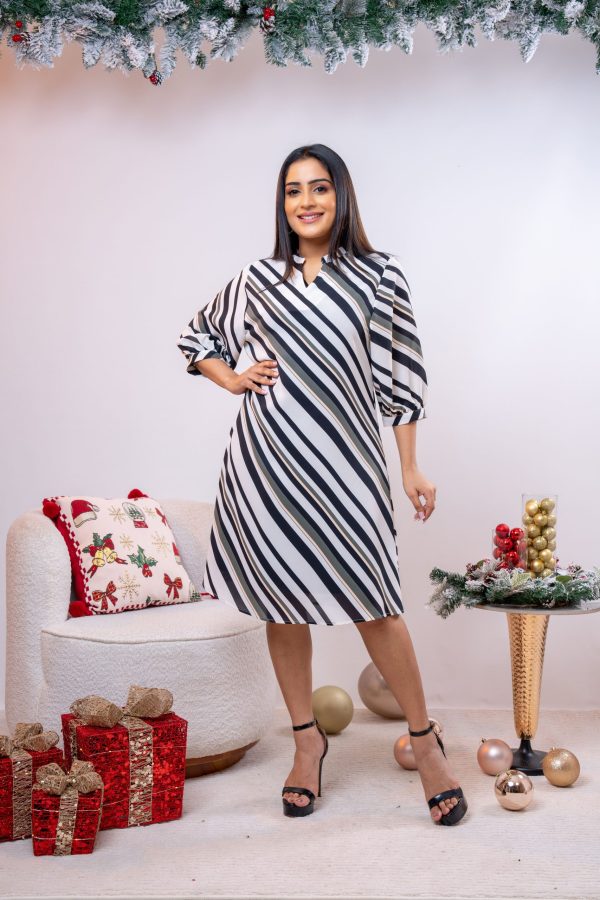 Puff Sleeved Stripe Patterned Short Dress