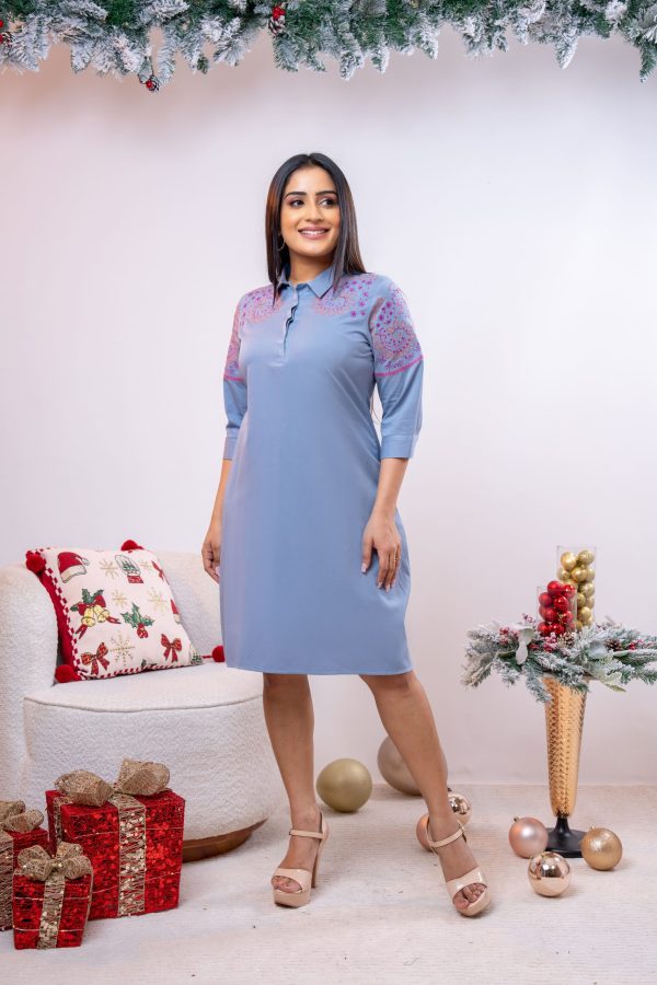 Half Placket Embroidered Short Dress