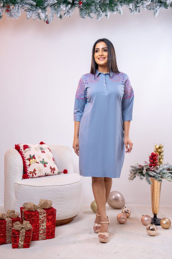 Half Placket Embroidered Short Dress - Image 2