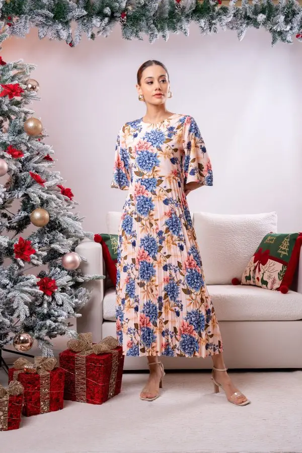 Flare Sleeved Pleated Party Wear Dress - Image 2