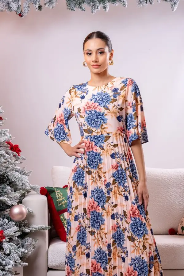 Flare Sleeved Pleated Party Wear Dress - Image 4