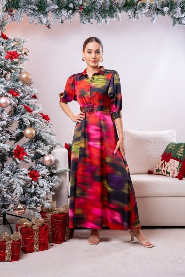Ikat Patterned Evening Wear Maxi Dress