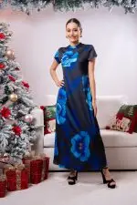 Floral Patterned Cutout Detailed Evening Wear Maxi Dress