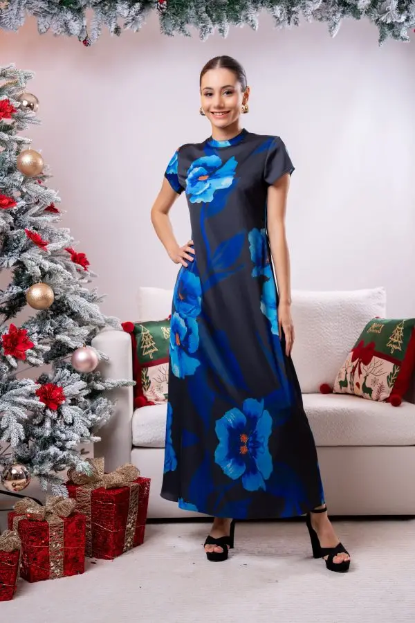 Floral Patterned Cutout Detailed Evening Wear Maxi Dress