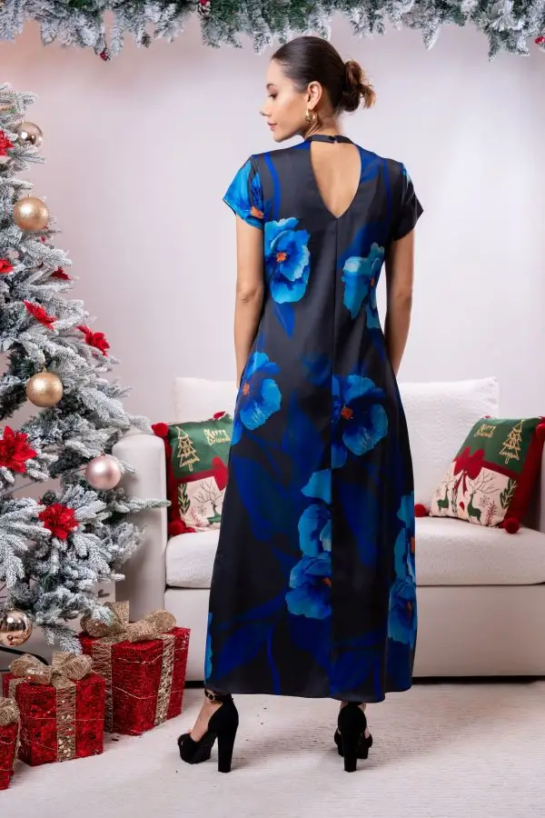Floral Patterned Cutout Detailed Evening Wear Maxi Dress - Image 5