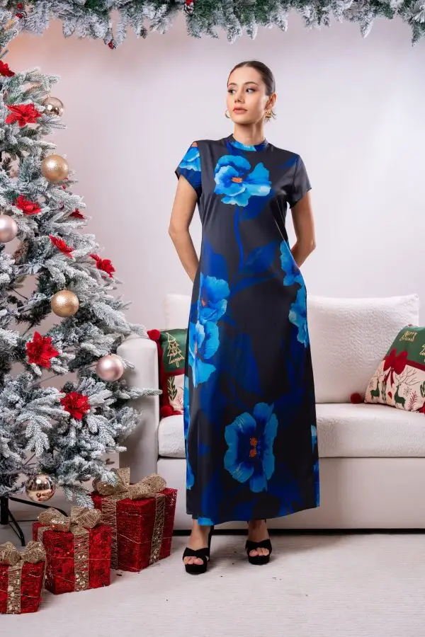 Floral Patterned Cutout Detailed Evening Wear Maxi Dress - Image 3