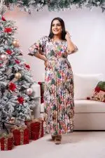 Forest Patterned Pleated Party Wear Dress - Image 2
