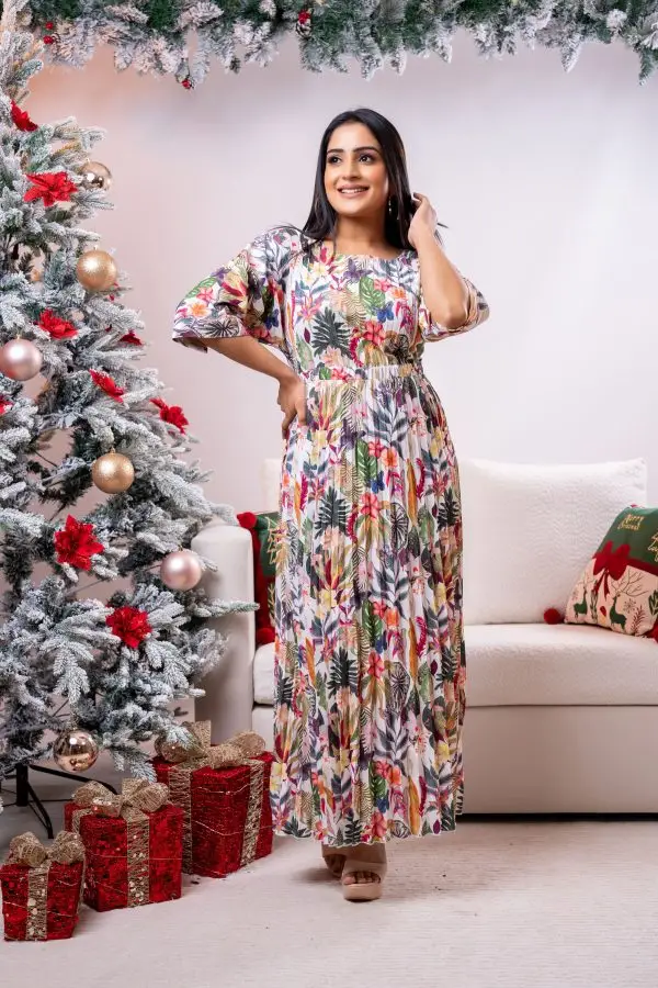 Forest Patterned Pleated Party Wear Dress - Image 2