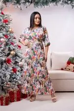 Forest Patterned Pleated Party Wear Dress - Image 3